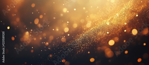 Golden glitter texture with shimmering sparkles and bokeh effect in warm gold and dark tones creating a festive and radiant backdrop.