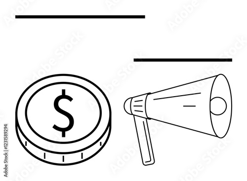 Coin featuring a dollar sign placed near a megaphone, symbolizing financial growth, marketing, communication. Ideal for finance, advertising, business promotion, investment, outreach campaigns