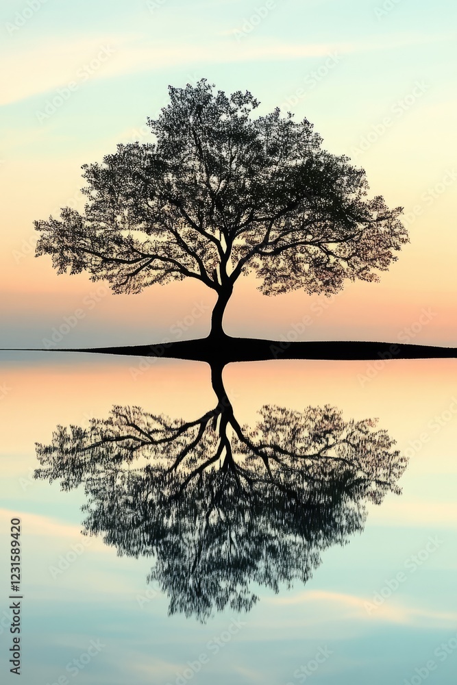 A solitary tree perfectly reflected in tranquil water during sunset, showcasing nature's symmetry and beauty. A solitary tree perfectly reflected in tranquil water during sunset, showcasing nature's symmetry and beauty.