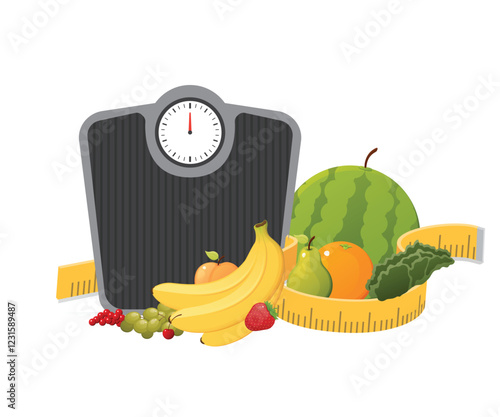 Healthy lifestyle desigh with scale and fruits stock illustration