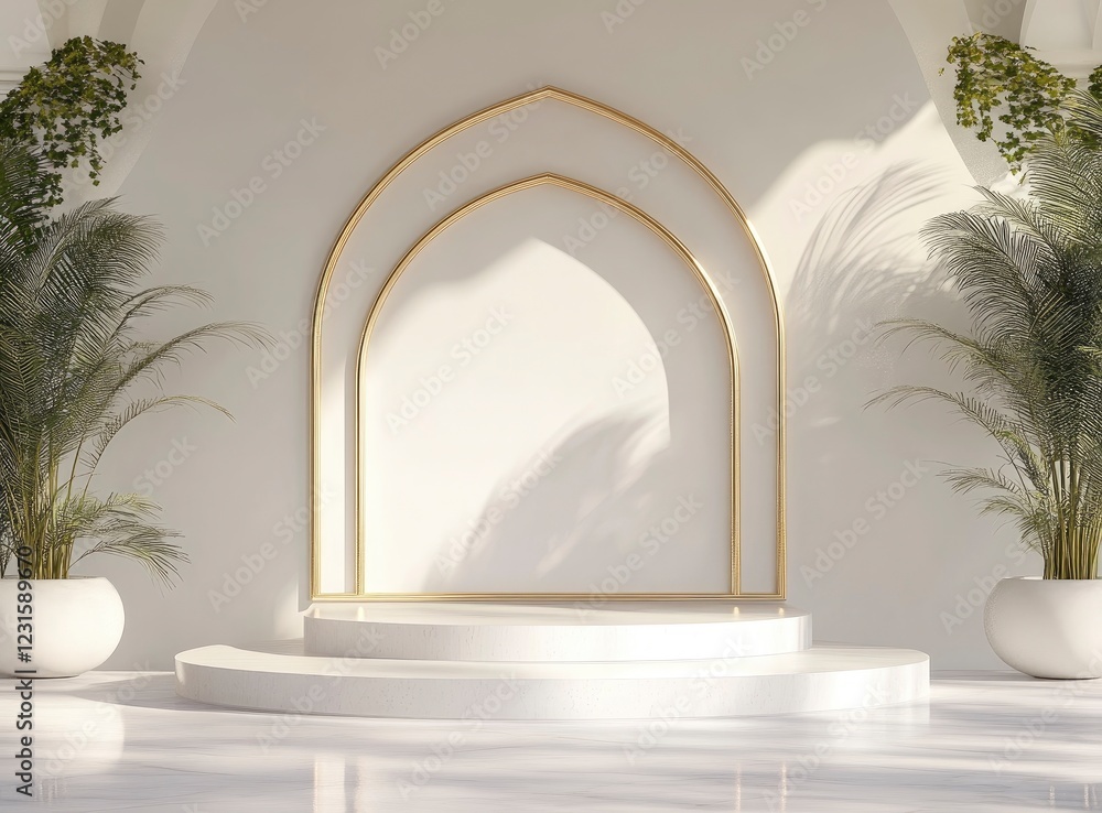 3D rendering of a podium product display with a Ramadan Islamic concept background, in a white and gold color theme. Minimalist style. 3D rendering of a podium product display with a Ramadan Islamic concept background, in a white and gold color theme. Minimalist style.