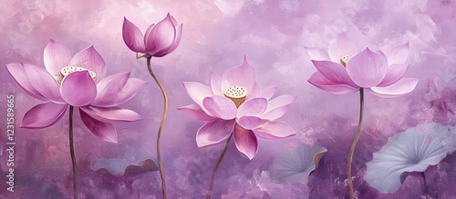 Delicate pink lotus flowers stand tall against a dreamy purple backdrop, evoking tranquility and harmony with nature in a serene floral composition.