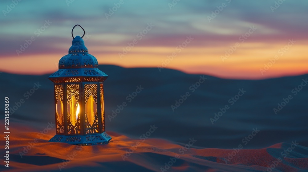 an Islamic lantern on a desert sand. copy space background of Ramadhan an Islamic lantern on a desert sand. copy space background of Ramadhan