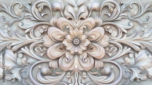 Intricate Floral Carving: A detailed close-up of an ornate, three-dimensional floral carving, showcasing exquisite craftsmanship and delicate details in a neutral color palette.
