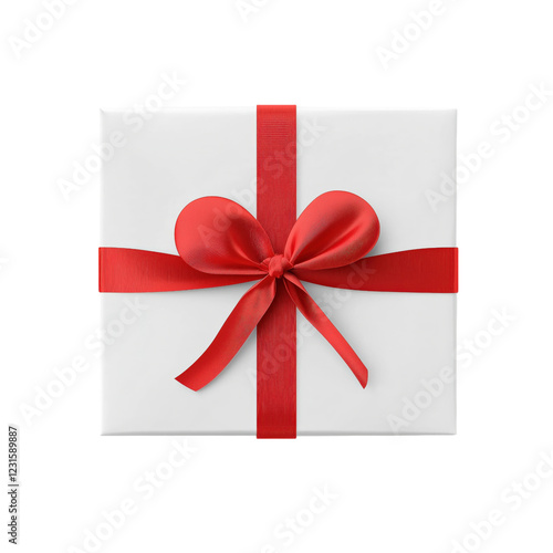 A white gift box with a luxurious red satin bow, elegantly wrapped, isolated on a white background, perfect for special occasions.