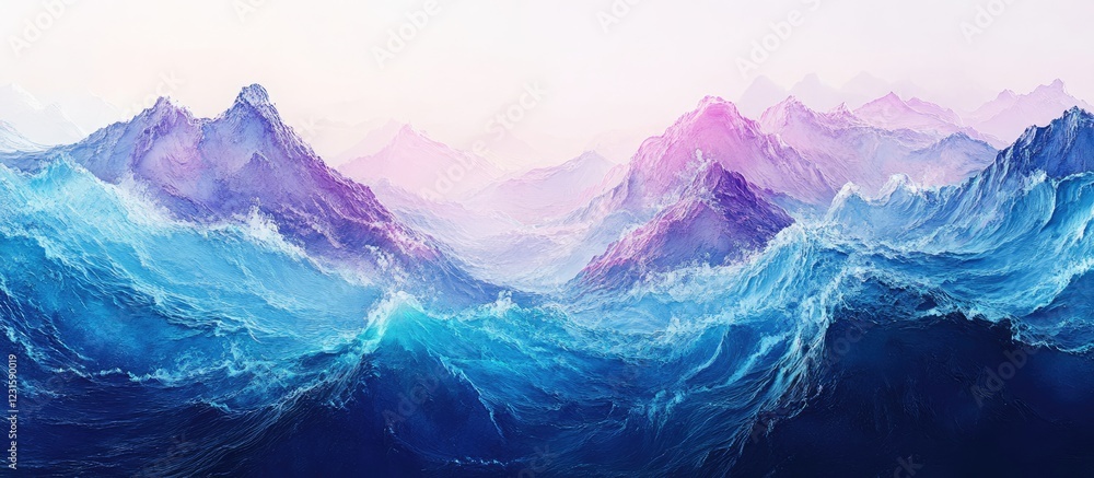 Obraz premium Vibrant ocean waves in shades of blue and purple with distant mountains under a soft pastel sky creating a serene and tranquil landscape.