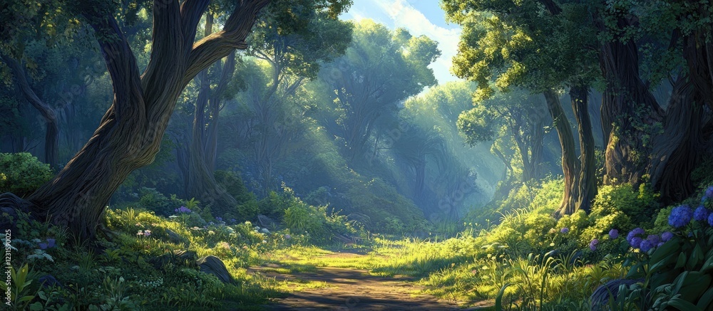 Tranquil forest scene with vibrant green trees and soft morning sunlight creating a peaceful ambiance along a serene path through nature. Tranquil forest scene with vibrant green trees and soft morning sunlight creating a peaceful ambiance along a serene path through nature.