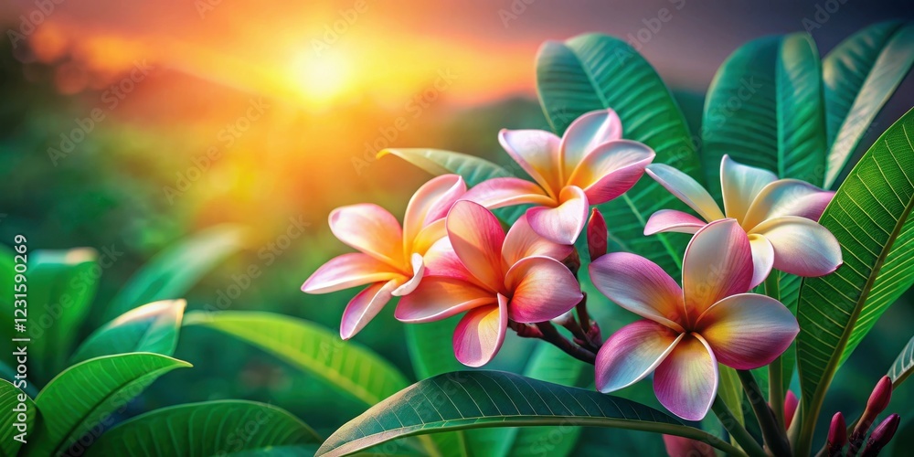 Fototapeta premium Sunset Bloom Delicate Pink and White Tropical Flowers with Lush Green Foliage