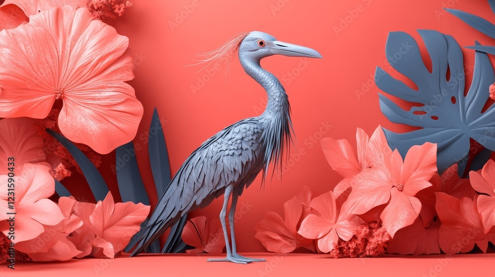 Fototapeta premium A stylized blue heron amidst coral and teal tropical foliage