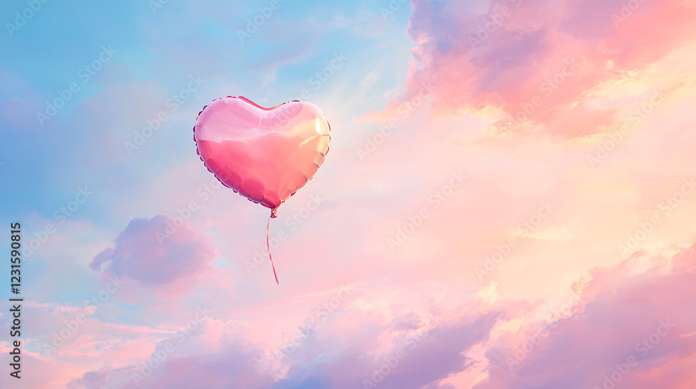 Fototapeta premium A pink heart-shaped balloon floating among colorful clouds at sunset.