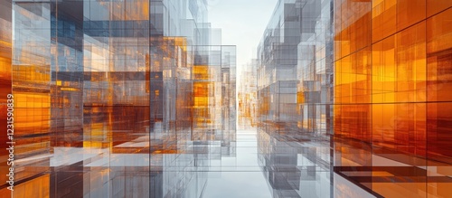 Wallpaper Mural Abstract glass structures in orange and transparent hues create a modern corridor illusion with depth and perspective in the background. Torontodigital.ca