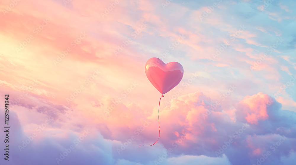 Fototapeta premium A heart-shaped balloon floats serenely in a dreamy colorful sky filled with clouds.