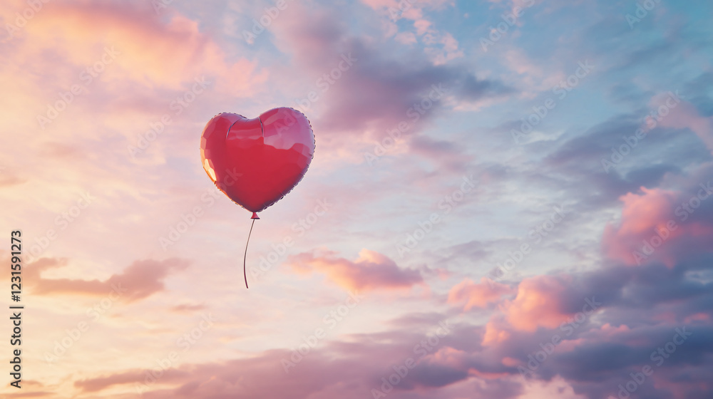 A red heart balloon floating in a pastel sky during sunset, evoking feelings of love. A red heart balloon floating in a pastel sky during sunset, evoking feelings of love.
