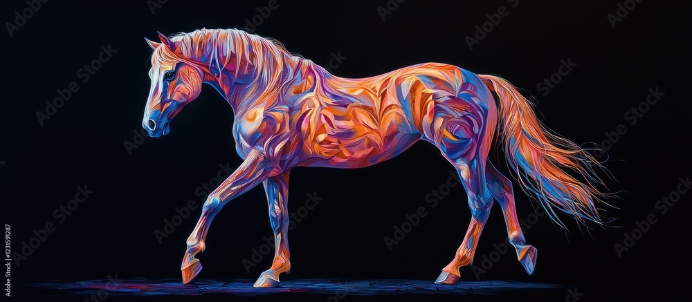 Vibrant abstract horse artwork in dynamic orange and purple hues against a black background showcasing intricate details and reflective texture. Vibrant abstract horse artwork in dynamic orange and purple hues against a black background showcasing intricate details and reflective texture.