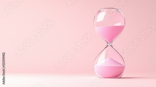 Pink hourglass with sand in motion on a pink background, time concept