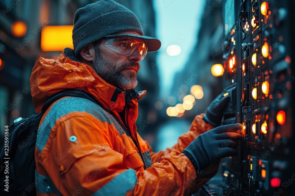 Worker in safety gear controls machinery at dusk in a busy urban environment Worker in safety gear controls machinery at dusk in a busy urban environment