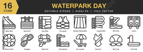 Waterpark Day icon set. Editable Stroke Icon Collection. Includes holiday, fun, water, waterpark, summer, leisure, resort, and More. Outline icons vector collection.