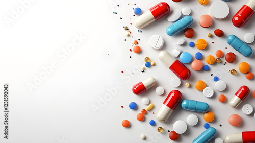 Medicine pharmacy background, high quality, featuring modern healthcare elements, medical supplies, prescription drugs, professional pharmaceutical equipment, and a clean, bright, and sterile environm