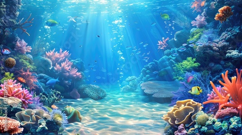 Underwater background of dark blue sea and beautiful sunlight under the sea.