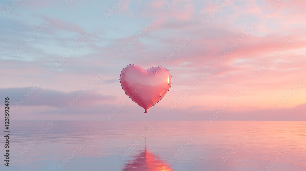 Fototapeta premium A serene heart-shaped balloon floating above tranquil waters at sunset.