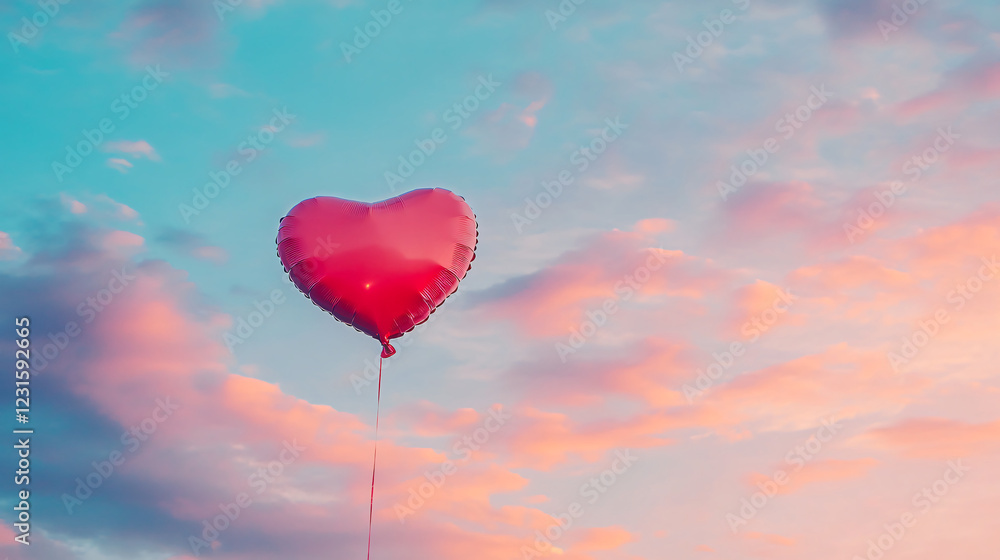 Fototapeta premium A romantic heart-shaped balloon floating in a colorful sky at sunset.