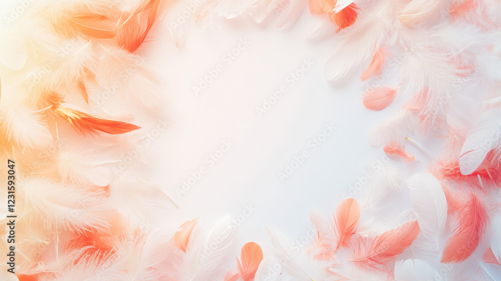 Fototapeta premium Soft pastel pink and white feathers arranged in a circular frame on a light background. Delicate and airy, perfect for spring or wedding themes.