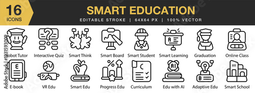 Smart Education icon set. Editable Stroke Icon Collection. Includes education, smart, digital, online, computer, study, and More. Outline icons vector collection.