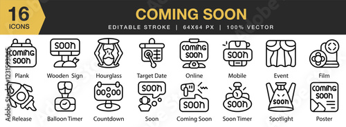 Coming Soon icon set. Editable Stroke Icon Collection. Includes promotion, soon, sign, banner, message, announcement, and More. Outline icons vector collection.