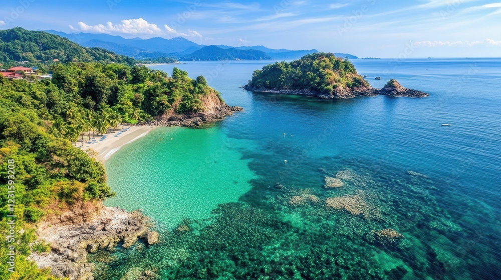 Obraz premium Secluded Tropical Beach Cove Surrounded By Lush Green Mountains
