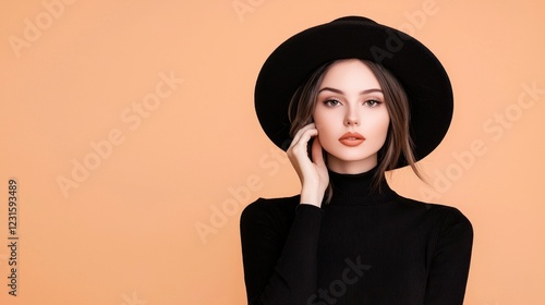 Portrait of a Woman in Black Turtleneck and Wide-brim Hat Against Orange Background