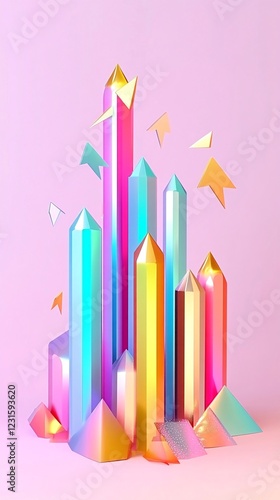 Colorful crystals rising, pastel background, abstract art, website design