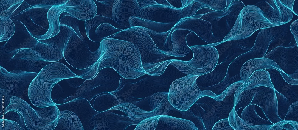 Obraz premium Luminous light blue lines create a captivating seamless pattern against a dark blue backdrop with fluid wave-like movement and depth.