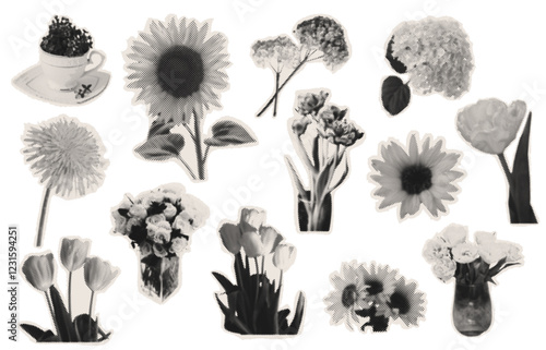 Trendy halftone collage Field flowers retroS tippling, dotwork pattern wild plants. Set of paper cut out halftone roses. Fashionable retro collage from the 80s. Vector illustration