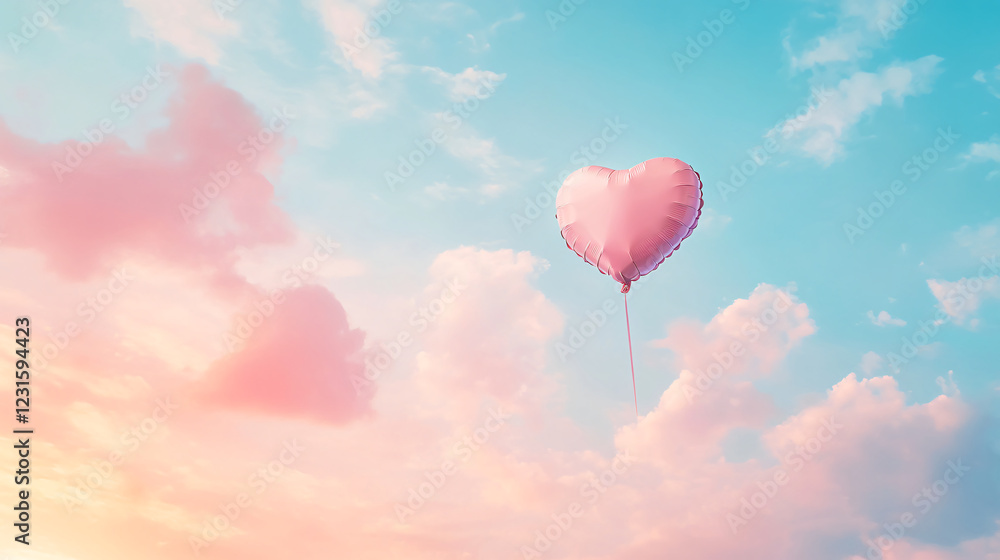 Fototapeta premium A heart-shaped balloon floats in a serene pastel sky during sunset.