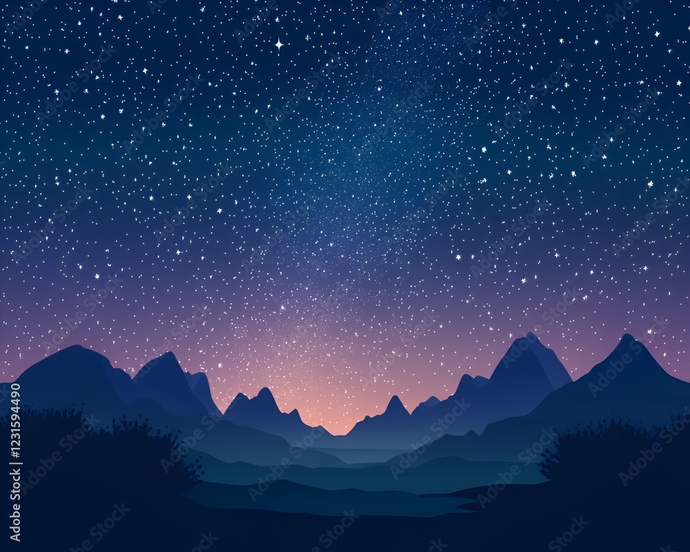 Realistic background of a starry night sky with the Milky Way visible and a silhouette of distant mountains Realistic background of a starry night sky with the Milky Way visible and a silhouette of distant mountains