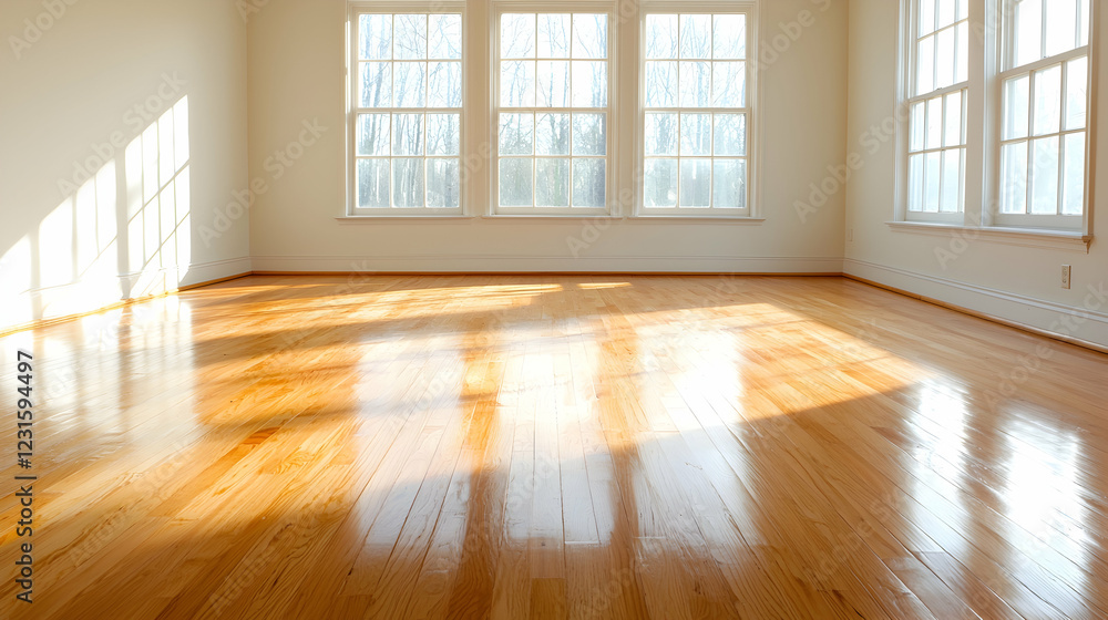 Sunlit empty room, hardwood floor, winter view. Real estate listing photo Sunlit empty room, hardwood floor, winter view. Real estate listing photo