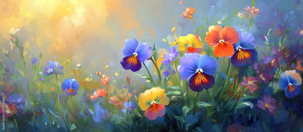 Vibrant close-up of Viola tricolor in an outdoor meadow featuring purple, blue, yellow, and orange flowers against a soft, illuminated floral background. Vibrant close-up of Viola tricolor in an outdoor meadow featuring purple, blue, yellow, and orange flowers against a soft, illuminated floral background.