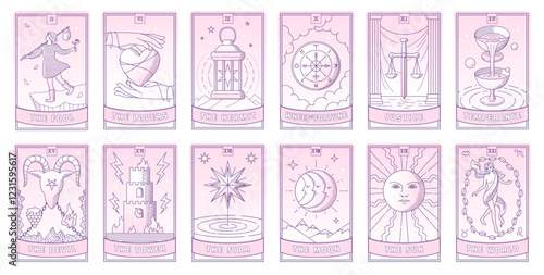 Tarot card vector set in beautiful pink gradation color. Simple line style illustration. The Pool, Hermit, Justice, Temperance, Tower, World, Devil, Sun