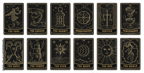 Tarot card vector set in dark with gold color. Simple line style illustration. The Pool, Hermit, Justice, Temperance, Tower, World, Devil, Sun