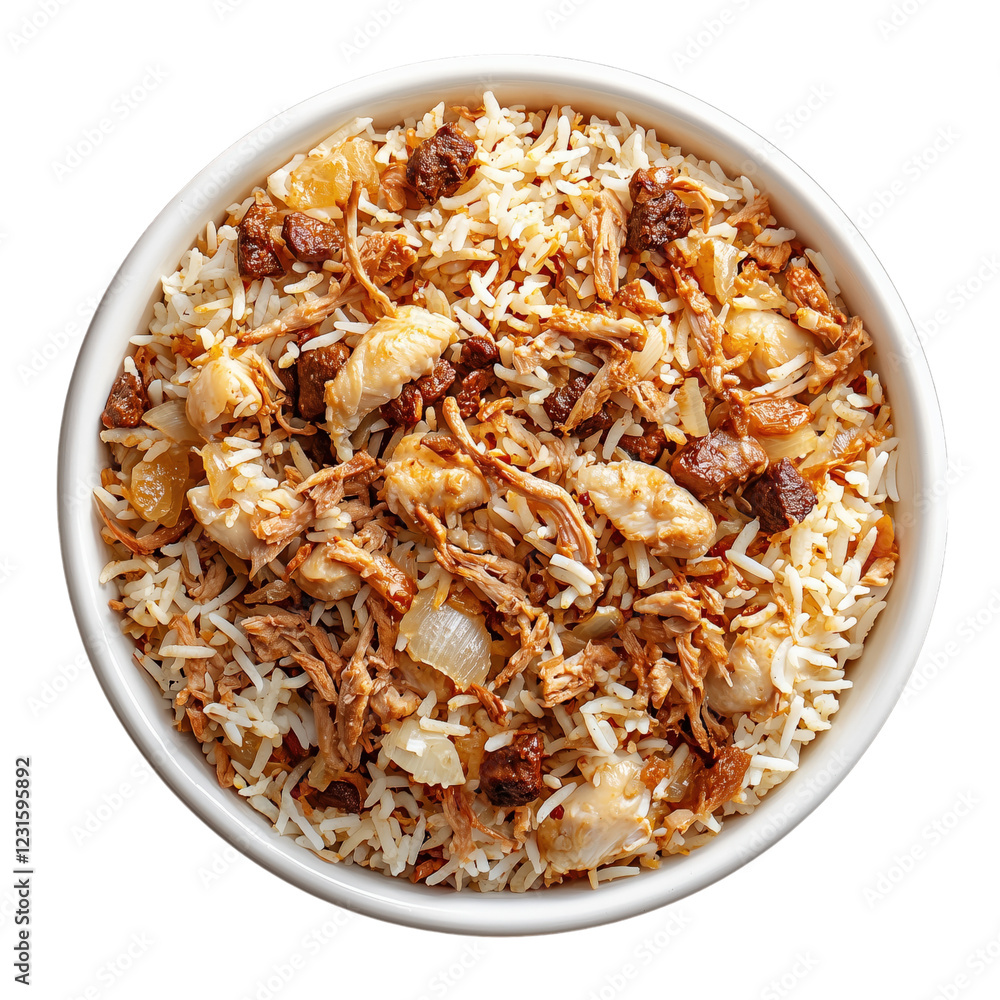 A delicious bowl of beef and chicken biryani, garnished with fresh herbs, tomatoes, and peas, isolated on a transparent background. A delicious bowl of beef and chicken biryani, garnished with fresh herbs, tomatoes, and peas, isolated on a transparent background.
