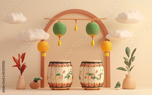 3D rendering of a simple, cute drum with traditional Malay elements like angin (wind) and green and white hanging lanterns on top.  photo