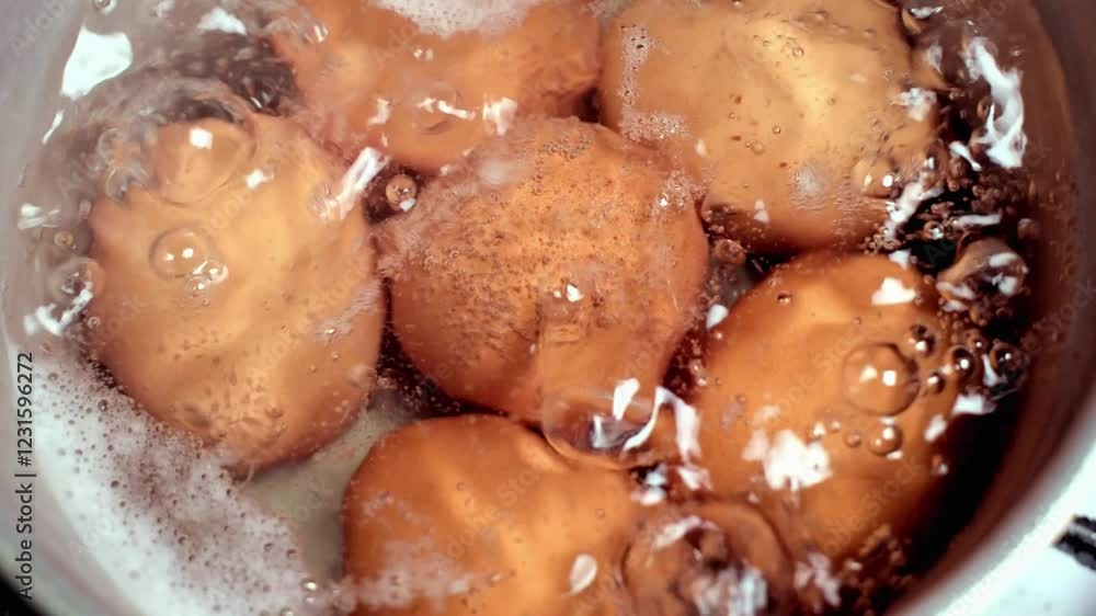 Close-up of chicken eggs boiling in stainless pan with hot water and bubbles. Brown shell egg boil, tasty nutrition and protein, healthy food ingredient