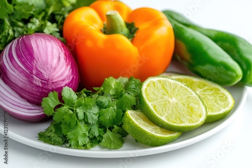 Fresh vegetables, lime, cilantro, salsa ingredients, cooking, white background, food photography, recipe
