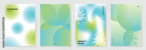 Modern gradient poster background vector set. Minimalist cover template with green and blue perspective geometric prism shapes in motion. Ideal design for social media, banner, spring season card.