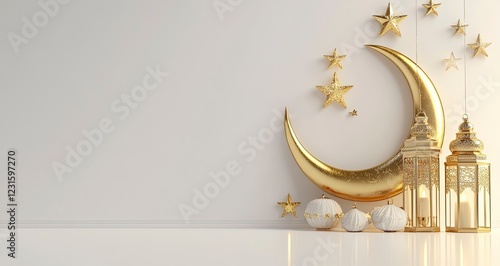 3D rendering of a white background with a golden crescent moon, lantern, and star decorations. Ramadan Kareem concept banner mockup design. 
