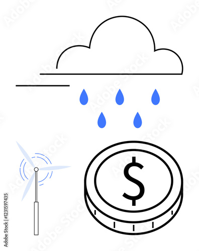 Cloud with raindrops, a wind turbine, and coin with dollar sign. Ideal for sustainability, clean energy, eco-finance, water management, climate action, green growth abstract line flat metaphor