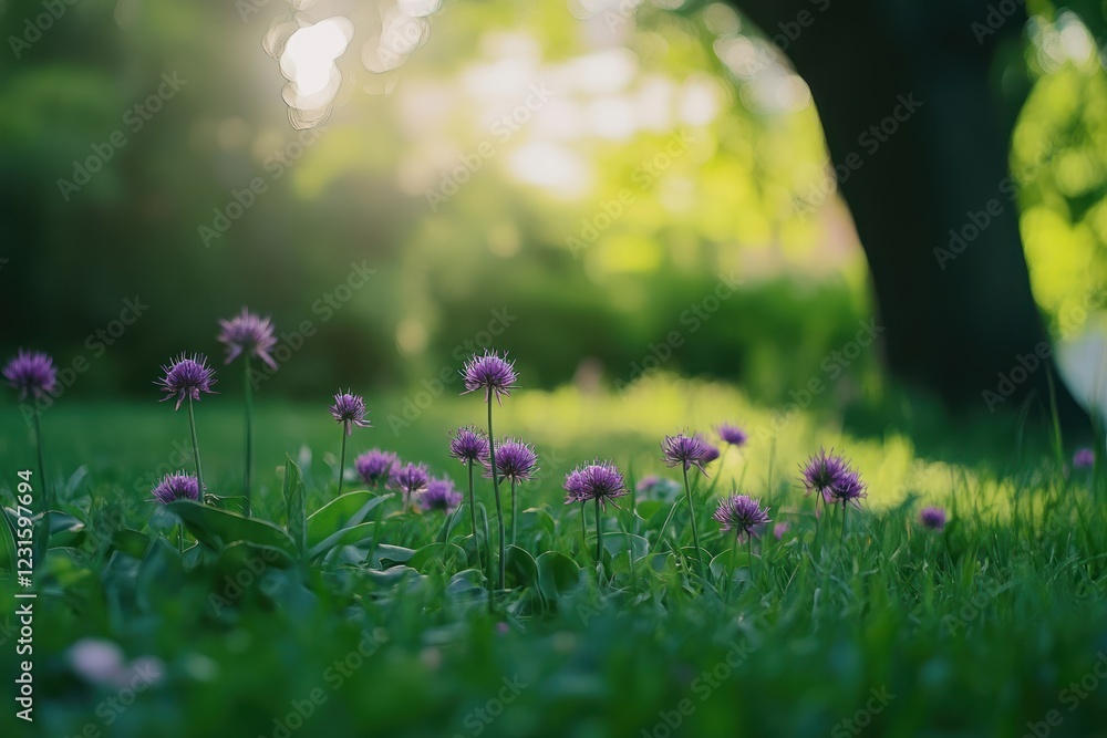 Fototapeta premium Sunset flowers meadow park greenery nature background
