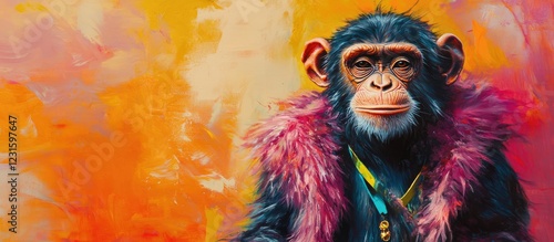 Vibrant painting of a monkey in a stylish pink fur coat on an orange background emphasizing playful expression and unique coat design
