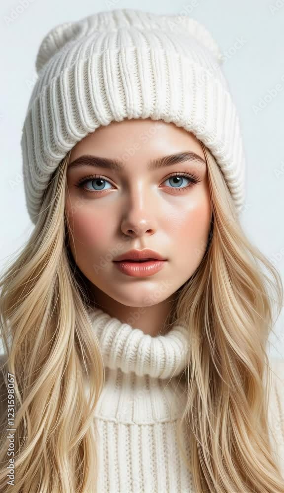 vertical video of Blonde woman in a white knit beanie exudes elegance, perfect for winter fashion, lifestyle blogs, and cozy seasonal promotions. vertical video of Blonde woman in a white knit beanie exudes elegance, perfect for winter fashion, lifestyle blogs, and cozy seasonal promotions.