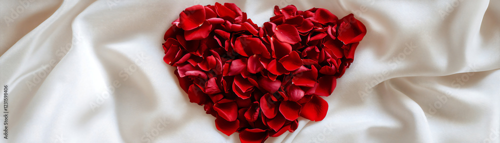 Naklejka premium Red rose petals arranged in a heart shape on a soft white fabric background.